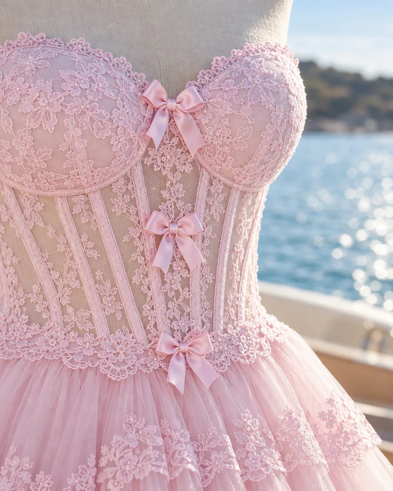 Close-up of the lace bodice and satin bows on a pink mini dress