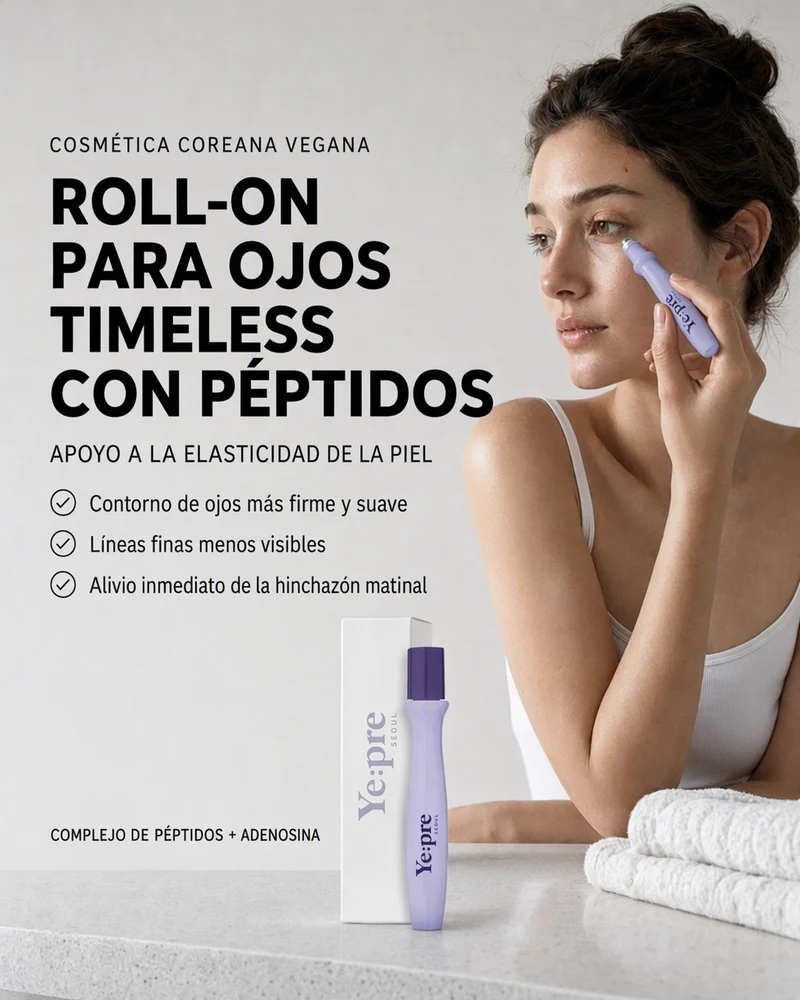 Infografía de beneficios del Ye:pre Timeless Peptide Eye Roll On, con una mujer aplicándoselo y tres beneficios enumerados