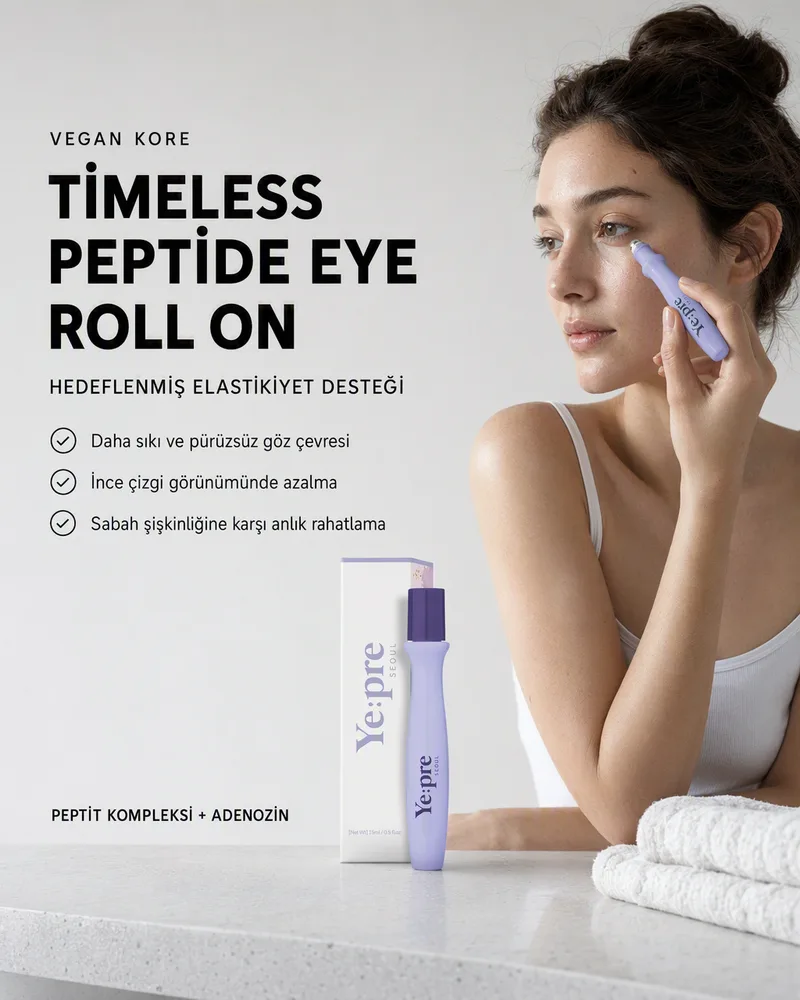 Ürünü uygulayan bir kadın ve listelenmiş üç faydayla Ye:pre Timeless Peptide Eye Roll On fayda infografiği