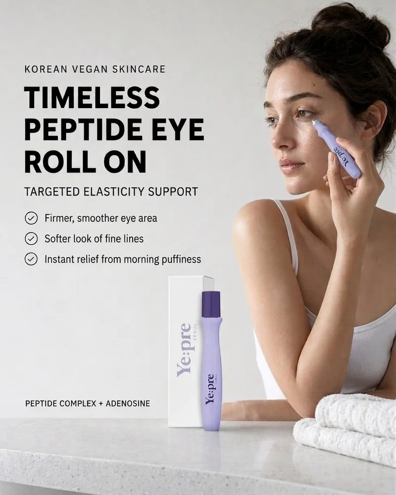 Benefit infographic for the Ye:pre Timeless Peptide Eye Roll On, with a woman applying it and three benefits listed