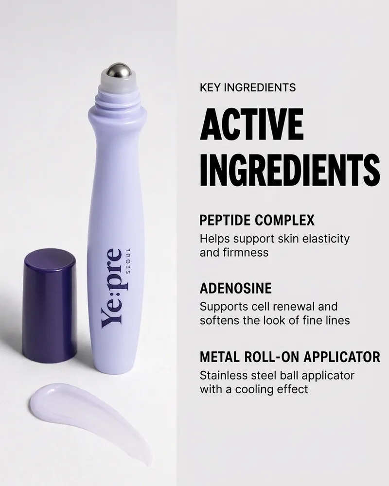 Ingredient infographic for the Ye:pre eye roll-on listing peptide complex, adenosine and the metal roll-on applicator