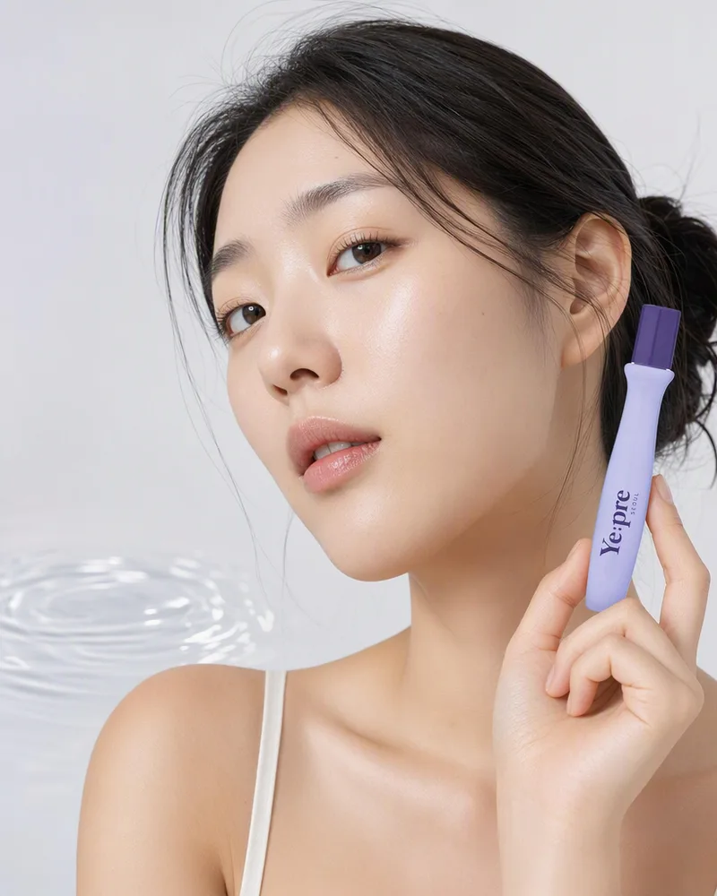 A woman holding the Ye:pre eye roll-on next to her face against a soft water background