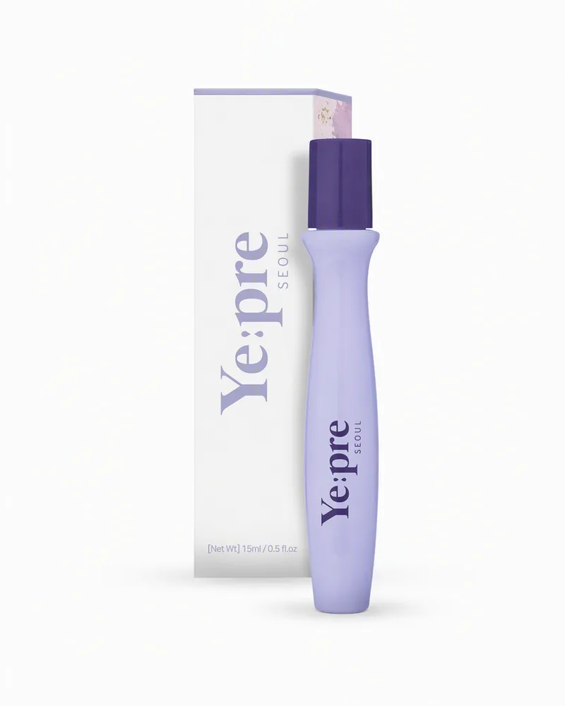 Packshot of the Ye:pre Timeless Peptide Eye Roll On, a lilac roll-on bottle standing in front of its box