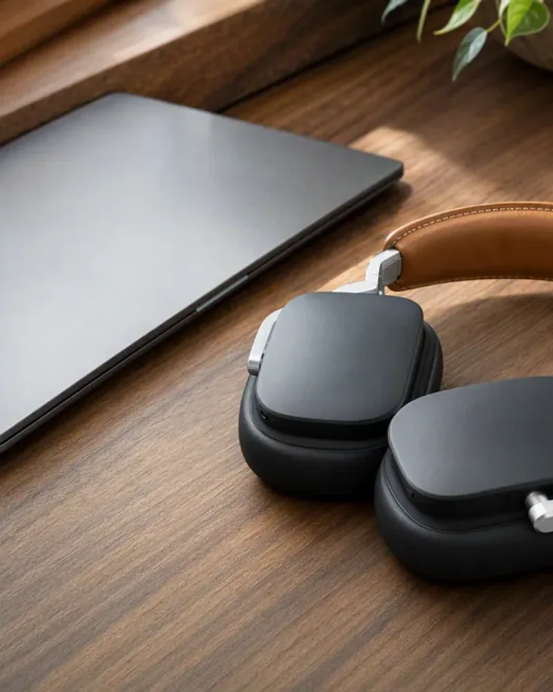 The headphones lying on a wooden desk next to a tablet