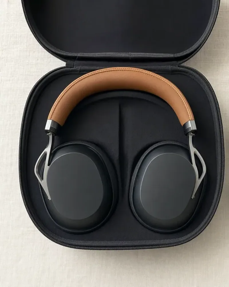 The headphones folded in their black zip case with a charging cable