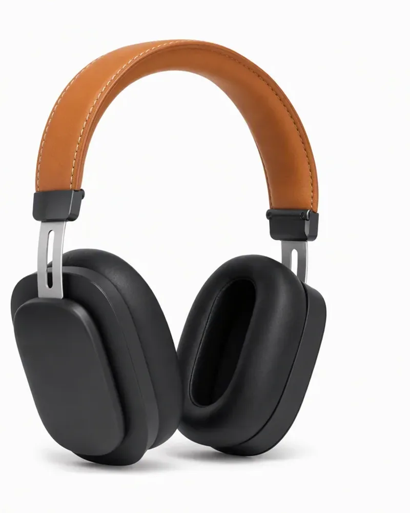 Studio image of black over-ear headphones with a tan leather headband on a white background