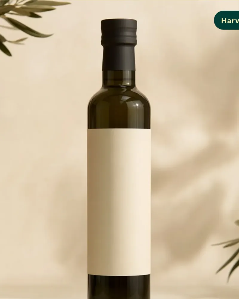 Packshot of a dark glass bottle of extra virgin olive oil with a cream label