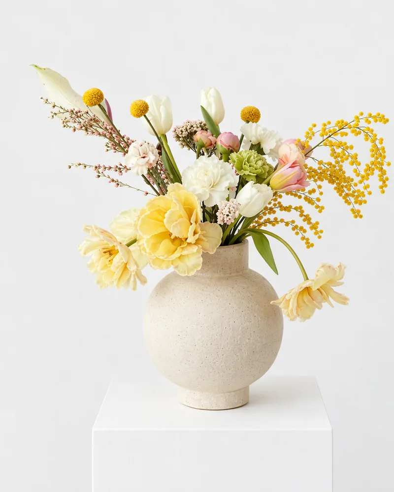 Studio image of a cream matte ceramic bud vase with yellow and pink flowers on a white plinth