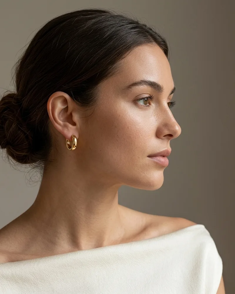 Portrait of a woman in profile with her hair in a low bun, wearing a small gold huggie hoop earring