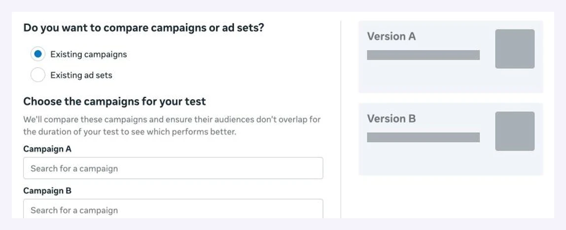 Meta Ads Manager A/B test screen for comparing existing campaigns, saying Meta will ensure their audiences do not overlap for the duration of the test
