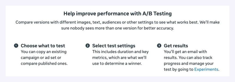 Meta Ads Manager A/B testing start screen in three steps: choose what to test, select test settings, get results