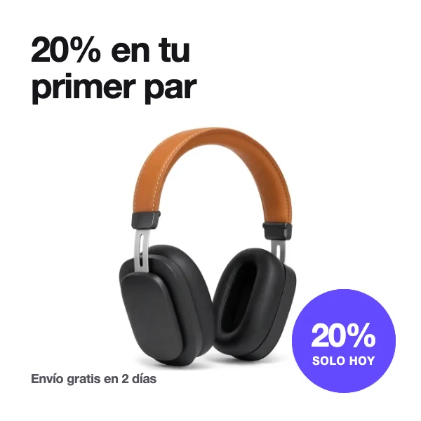 Variante de banner de descuento para unos auriculares con el titular 20% en tu primer par