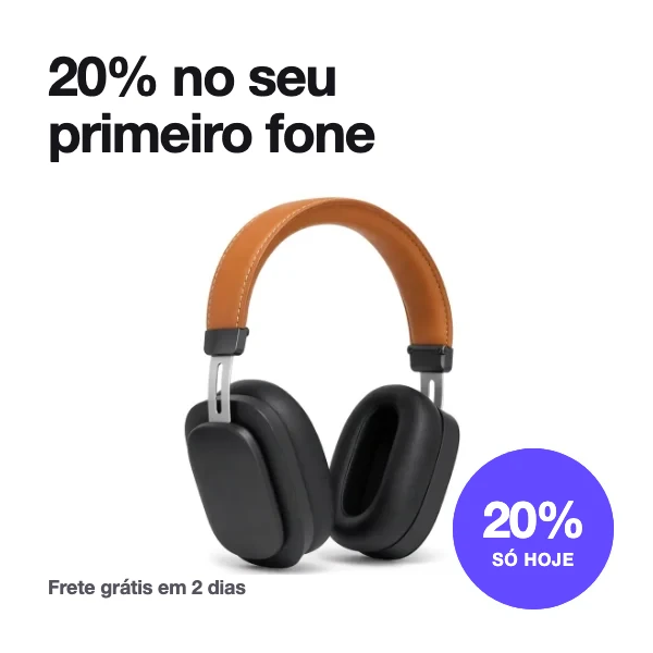 Variante de banner de desconto para fones de ouvido com o título 20% no seu primeiro fone