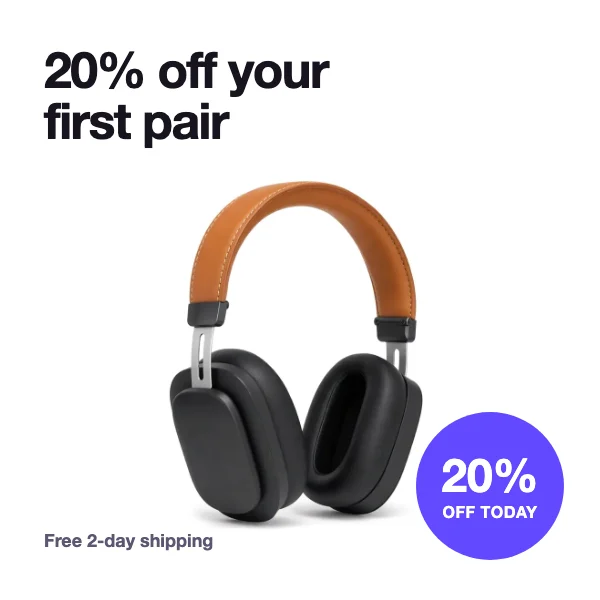 Discount banner variant for headphones with the headline 20% off your first pair
