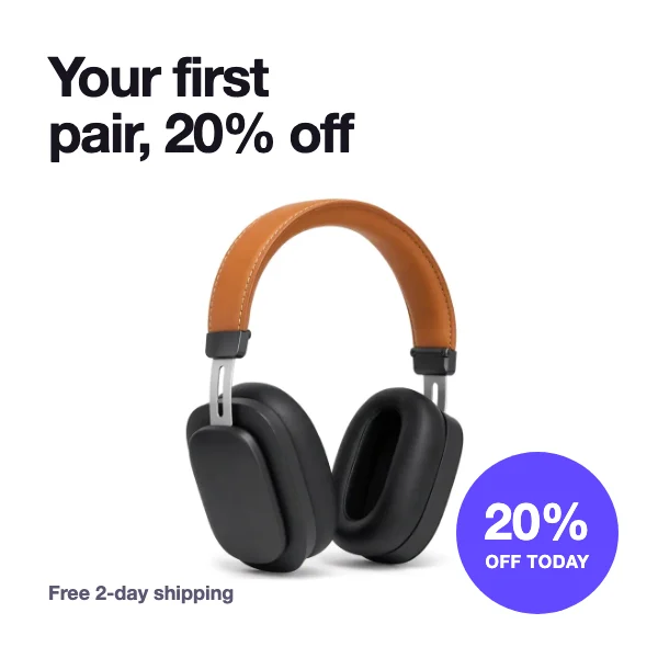Discount banner variant for headphones with the headline Your first pair, 20% off