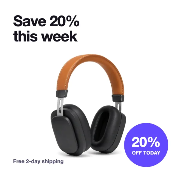Discount banner variant for headphones with the headline Save 20% this week