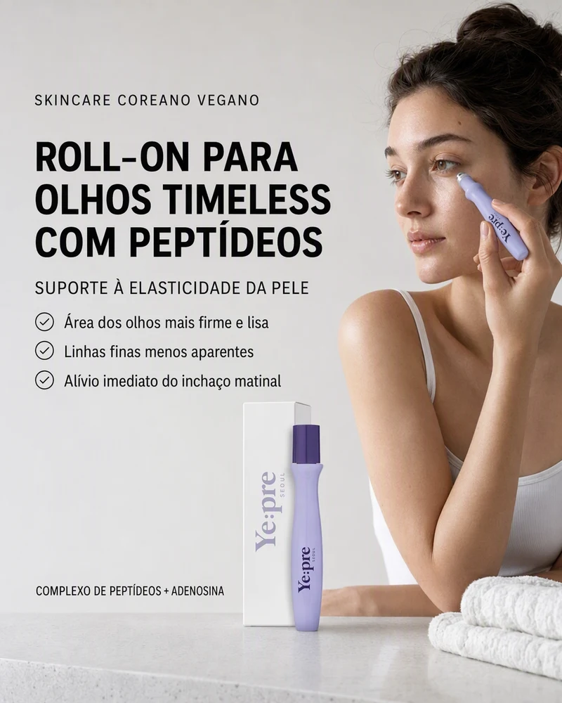 Anúncio em infográfico de benefícios para o Ye:pre Timeless Peptide Eye Roll On, com uma mulher aplicando o produto e três benefícios marcados
