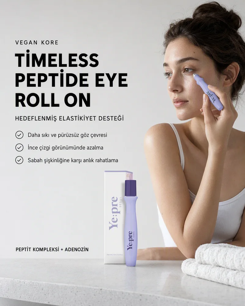 Ye:pre Timeless Peptide Eye Roll On için fayda infographic'i, ürünü uygulayan bir kadın ve üç fayda maddesi