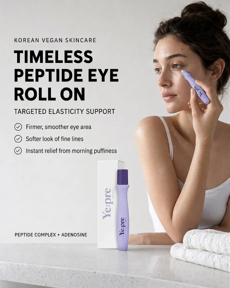 Benefit infographic ad for the Ye:pre Timeless Peptide Eye Roll On with a woman applying it and three benefit checkmarks