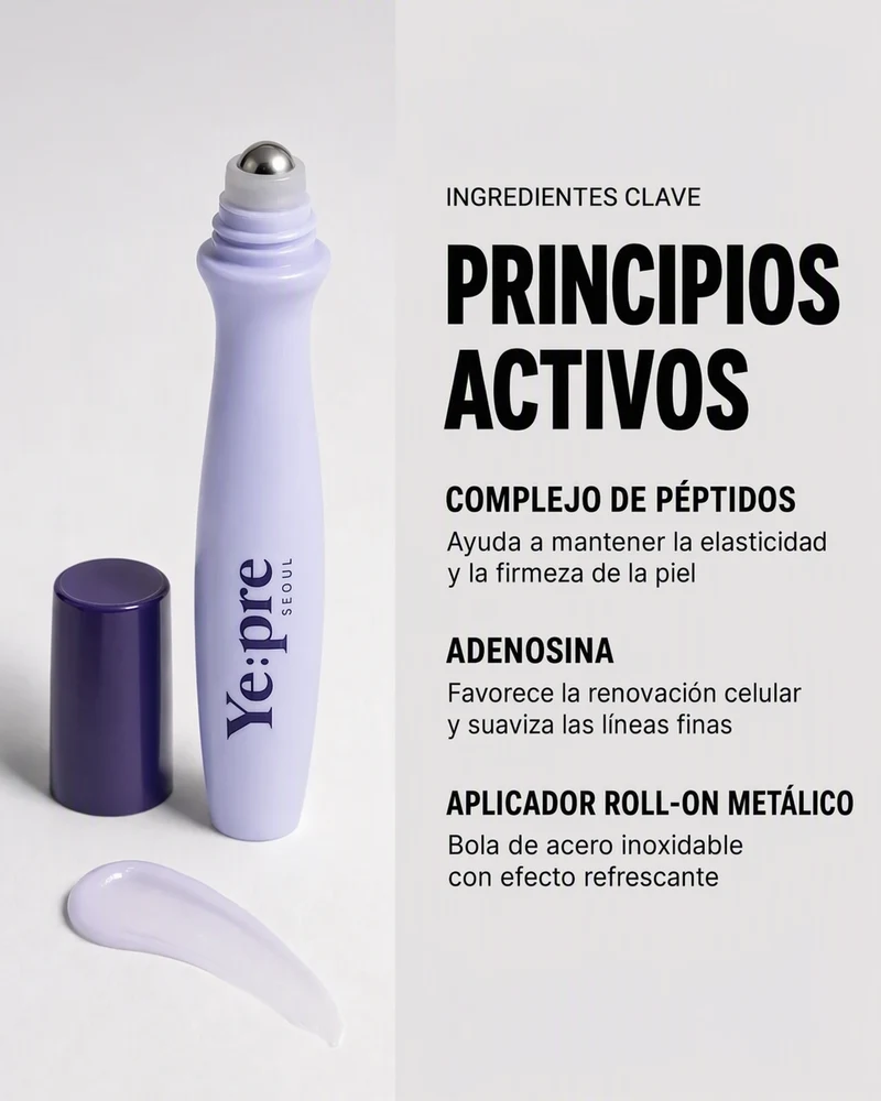 Anuncio con infografía de ingredientes para el roll-on de ojos Ye:pre que enumera el complejo de péptidos, la adenosina y el aplicador roll-on metálico