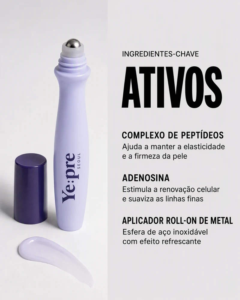 Anúncio em infográfico de ingredientes para o roll-on para os olhos Ye:pre, listando o complexo de peptídeos, a adenosina e o aplicador roll-on de metal