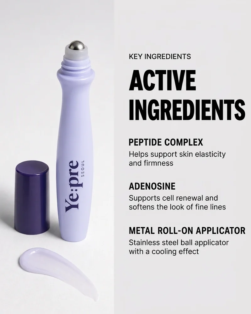 Ingredient infographic ad for the Ye:pre eye roll-on listing peptide complex, adenosine and the metal roll-on applicator