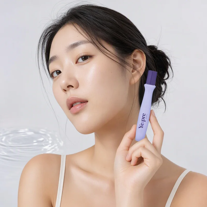 Lifestyle ad image of a woman holding the Ye:pre eye roll-on next to her face against a soft water background