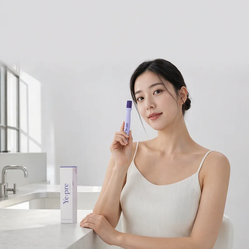 Lifestyle variant B: a woman holding the Ye:pre eye roll-on at a bright bathroom counter with the box beside her