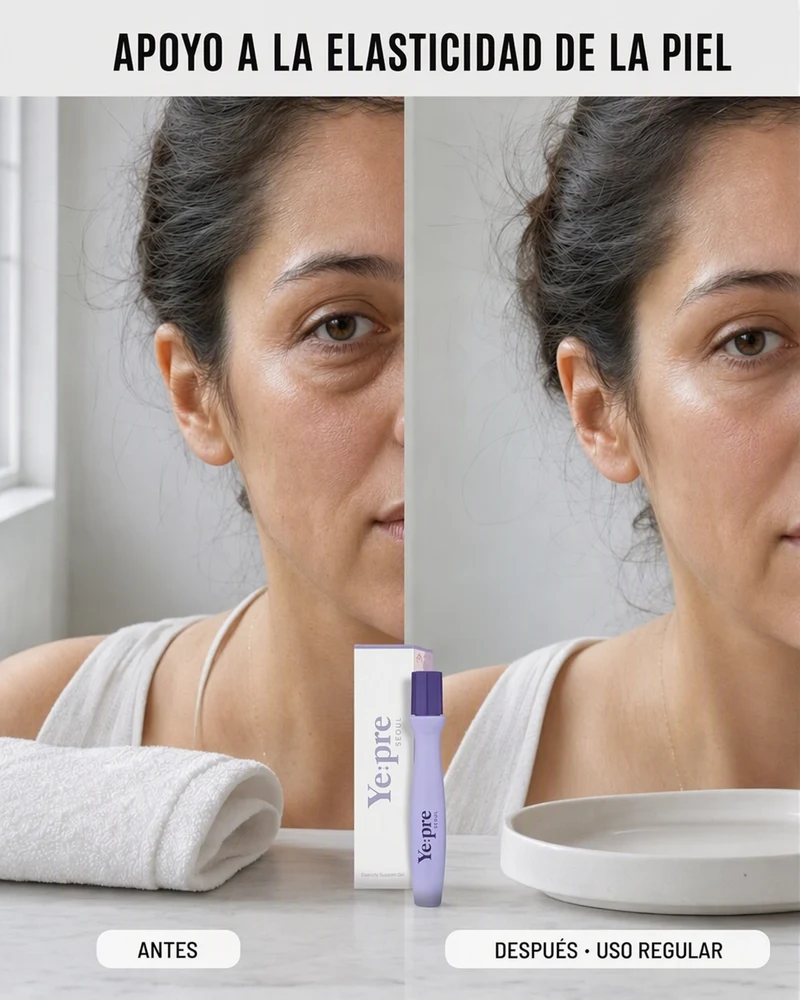 Imagen de anuncio de antes y después en estilo UGC para el roll-on de péptidos para ojos Ye:pre, con la misma mujer antes y después de usarlo con regularidad