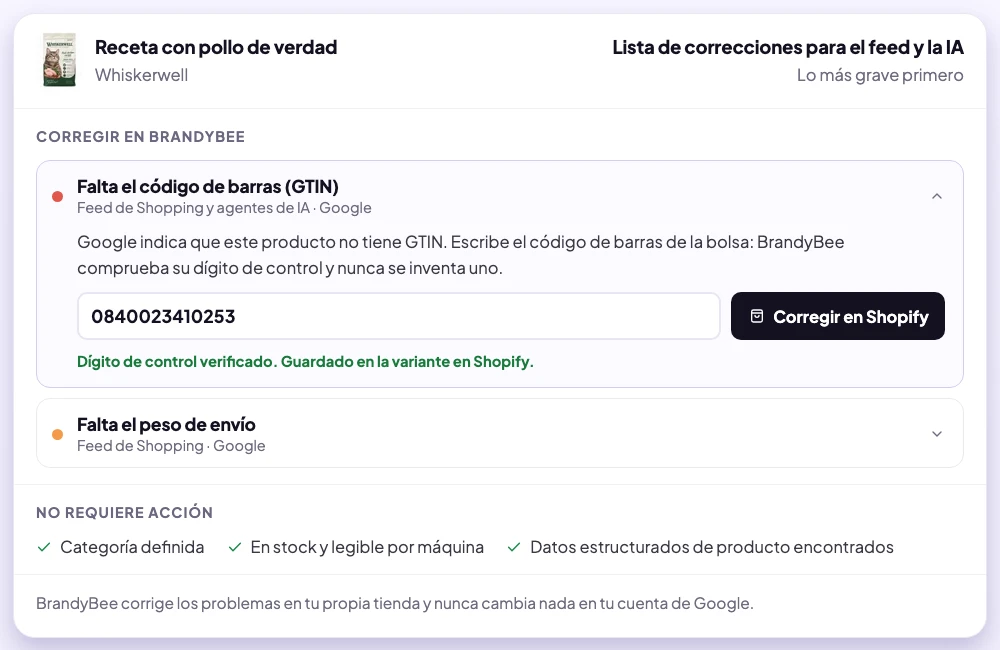 La lista de correcciones de BrandyBee para un producto demo sin código de barras: un GTIN introducido, con su dígito de control verificado y guardado en la variante en Shopify, y debajo la falta de peso de envío