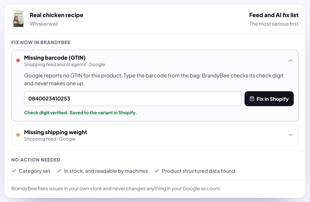 BrandyBee's fix list for a demo product with a missing barcode: a GTIN typed in, its check digit verified and saved to the variant in Shopify, with a missing shipping weight listed below
