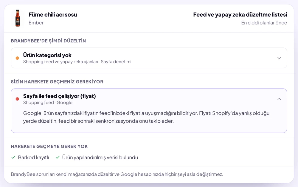 Demo bir acı sos için BrandyBee düzeltme listesi: BrandyBee'de düzeltilecek eksik ürün kategorisi ve harekete geçmenizi gerektirenler altında, sayfadaki fiyatın feed'le uyuşmadığına dair Google uyarısı