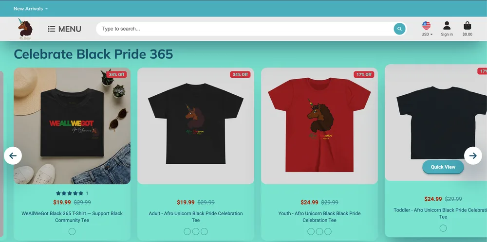 Afro Unicorn product collection page