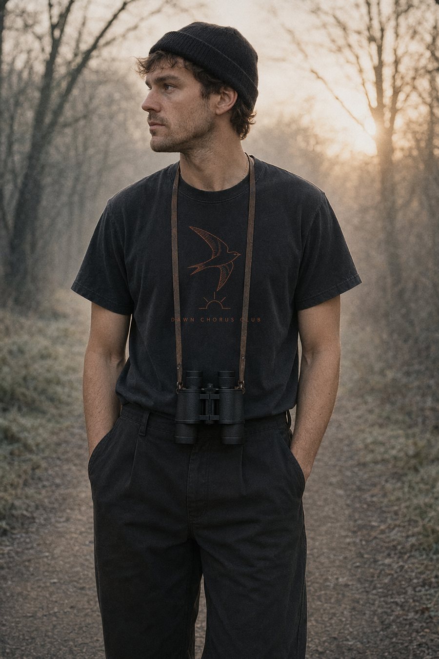 Model wearing the Dawn Chorus Club 5AM Tee on a misty trail at first light