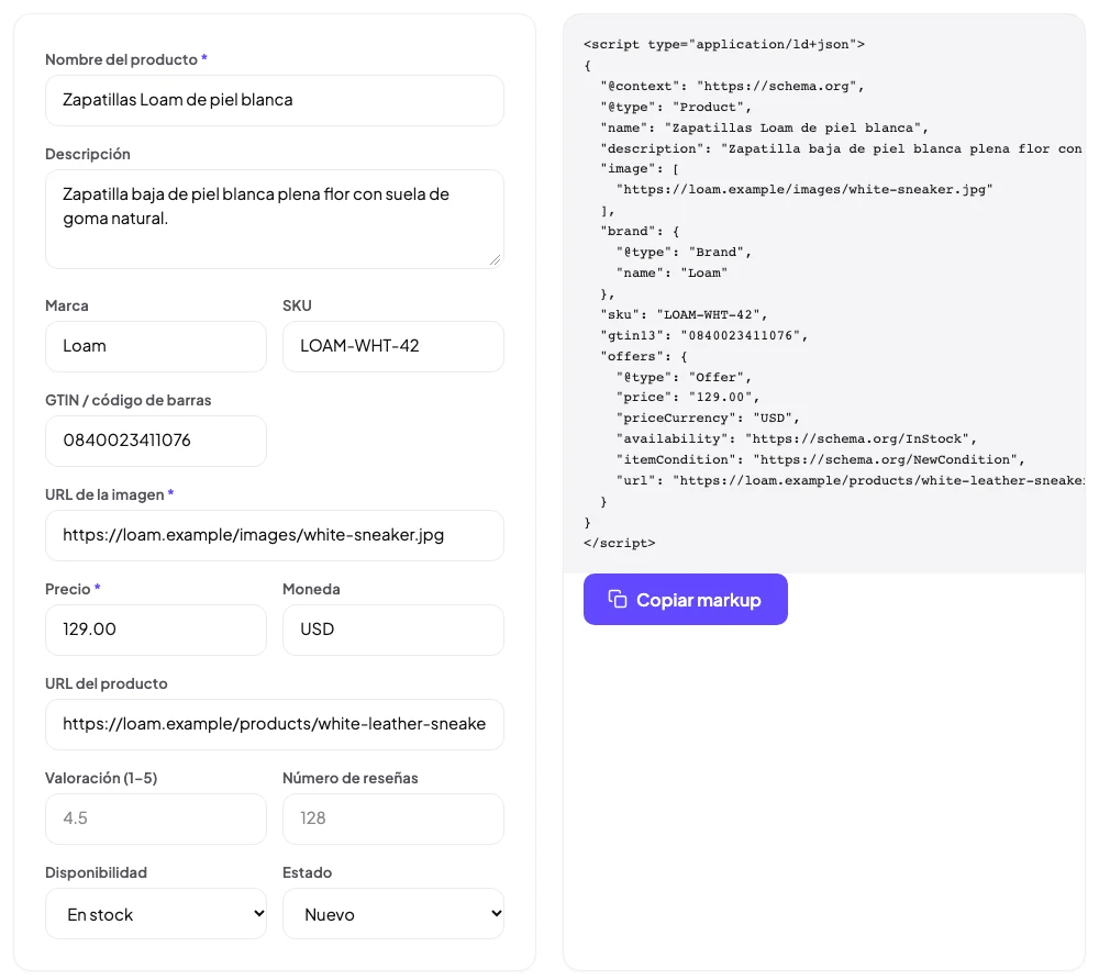 El generador gratuito de schema de producto de BrandyBee completado para unas zapatillas de piel de demostración, que genera un JSON-LD de Product con marca, SKU, gtin13, precio, moneda, disponibilidad y estado