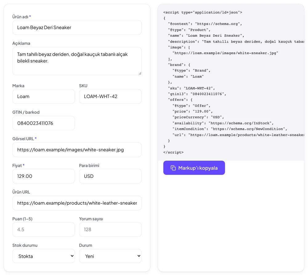 Demo bir deri sneaker için doldurulmuş ücretsiz BrandyBee product schema oluşturucusu; marka, SKU, gtin13, fiyat, para birimi, stok durumu ve durum içeren Product JSON-LD üretiyor