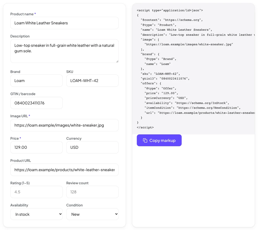 The free BrandyBee product schema generator filled in for a demo pair of leather sneakers, producing Product JSON-LD with brand, SKU, gtin13, price, currency, availability and condition