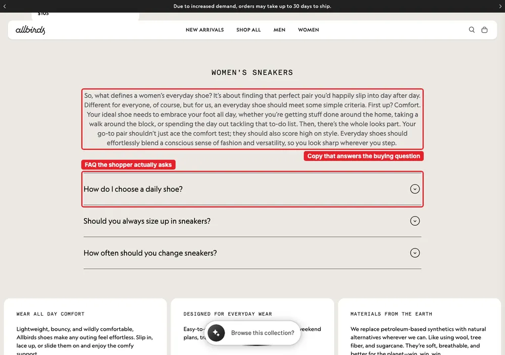 The lower part of the same Allbirds collection page, with a block of buying advice and a three question FAQ marked in red