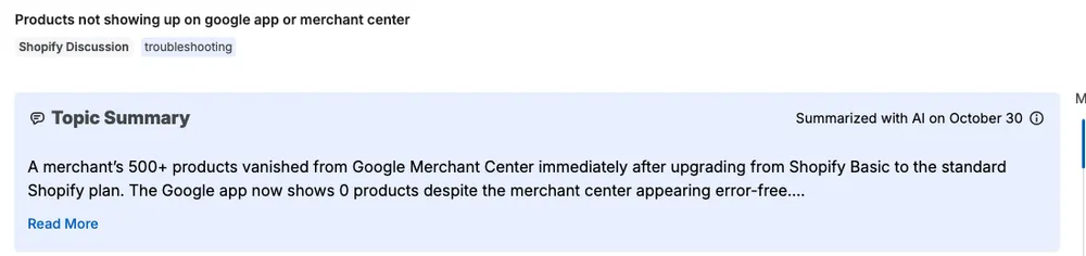 A Shopify Community thread titled Products not showing up on google app or merchant center, with a summary of a merchant whose 500 products vanished from Google after a plan change