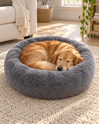 A golden retriever asleep in the Napwell plush dog bed