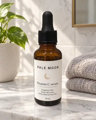 Pale Moon serum on a marble shelf beside a folded towel and a plant