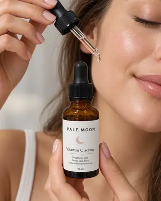 A woman holding the Pale Moon serum and its dropper near her cheek