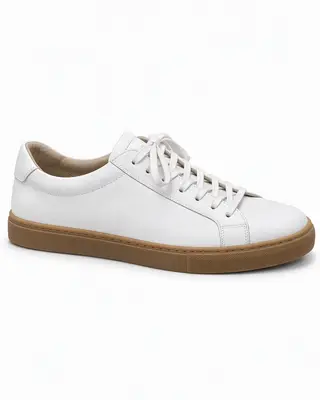 Loam white leather sneaker with a gum sole on a white background