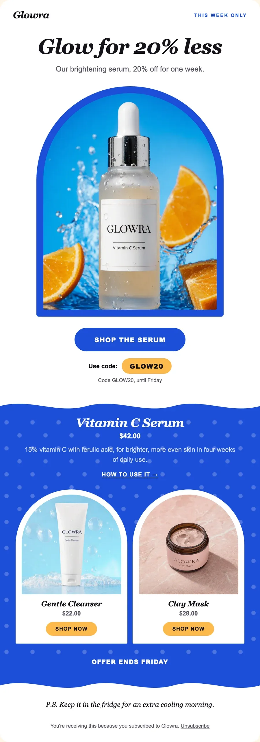 El mismo email del sérum de Glowra en el diseño Arch