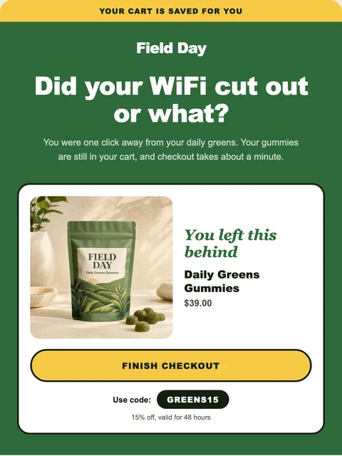 Parte superior del diseño Nudge para el email de carrito abandonado de Field Day