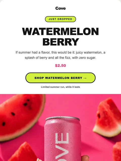 Parte superior del diseño Splash para el lanzamiento de Watermelon Berry de Cove