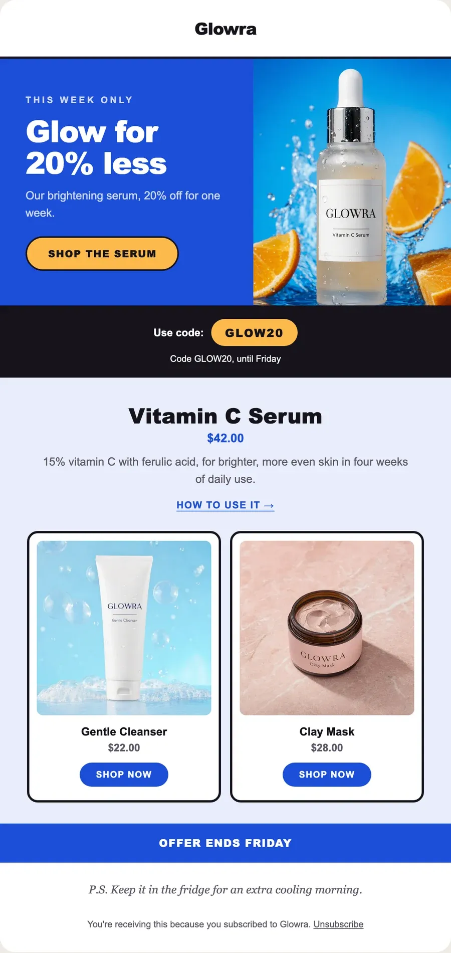 Email promocional Split de Glowra: el sérum de vitamina C con un 20% de descuento con el código GLOW20
