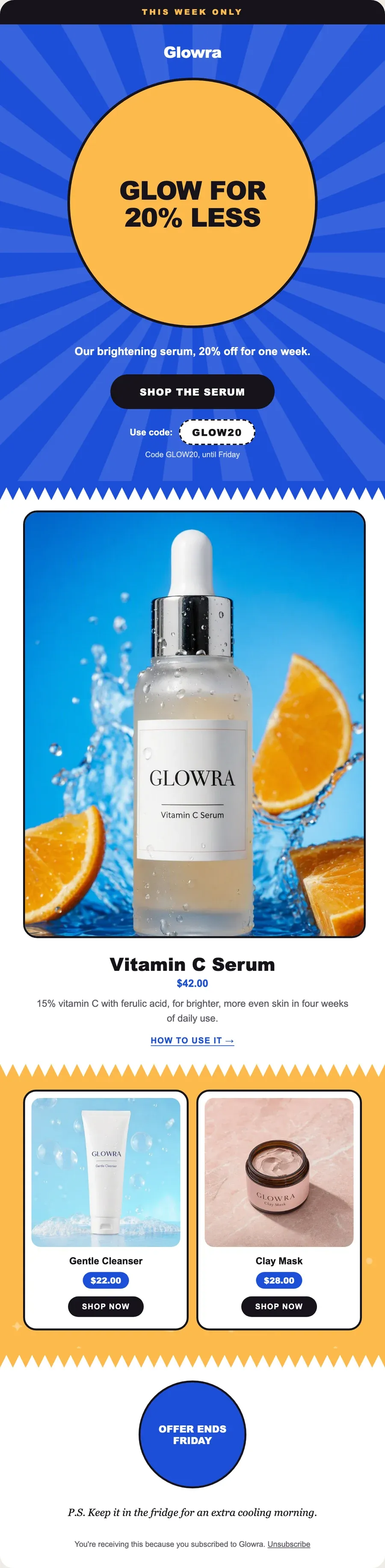 El mismo email del sérum de Glowra en el diseño Sunburst