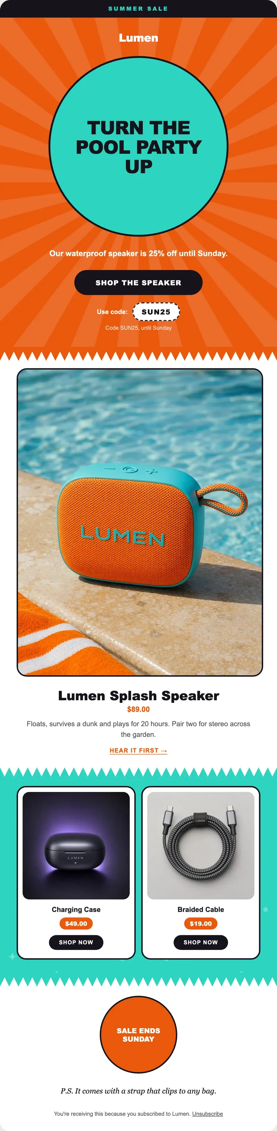 Email promocional Sunburst de Lumen: el altavoz resistente al agua con un 25% de descuento con el código SUN25