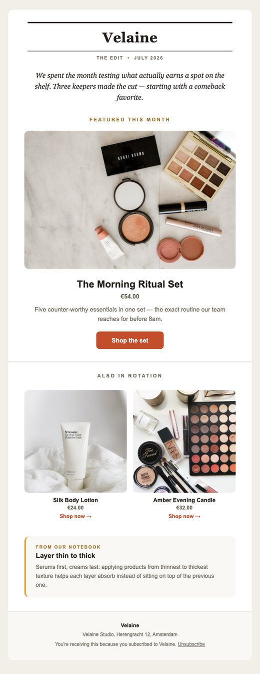 A finished newsletter with a masthead, an editor's note and a featured product